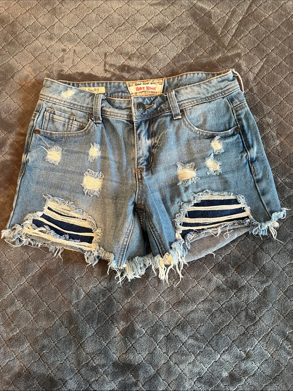 Hot Kiss Light Blue Distressed Denim Shorts with Navy Insets size 5